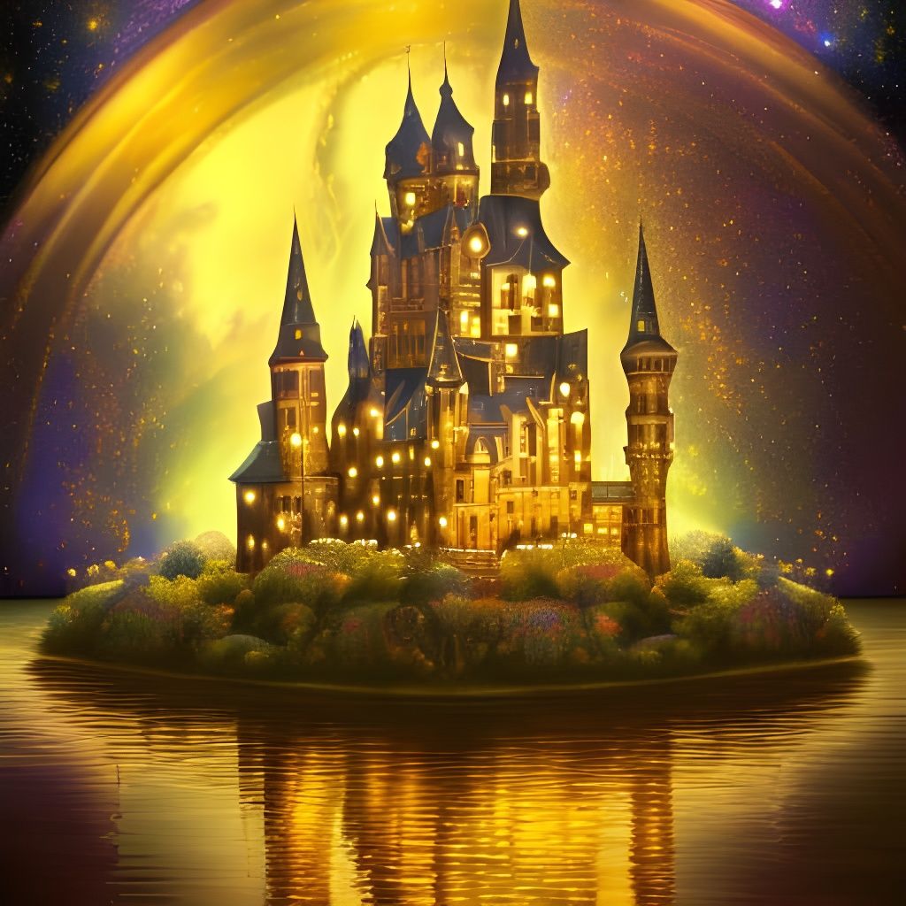 Glittering Castle Under Cosmic Sky in Digital Oil Painting