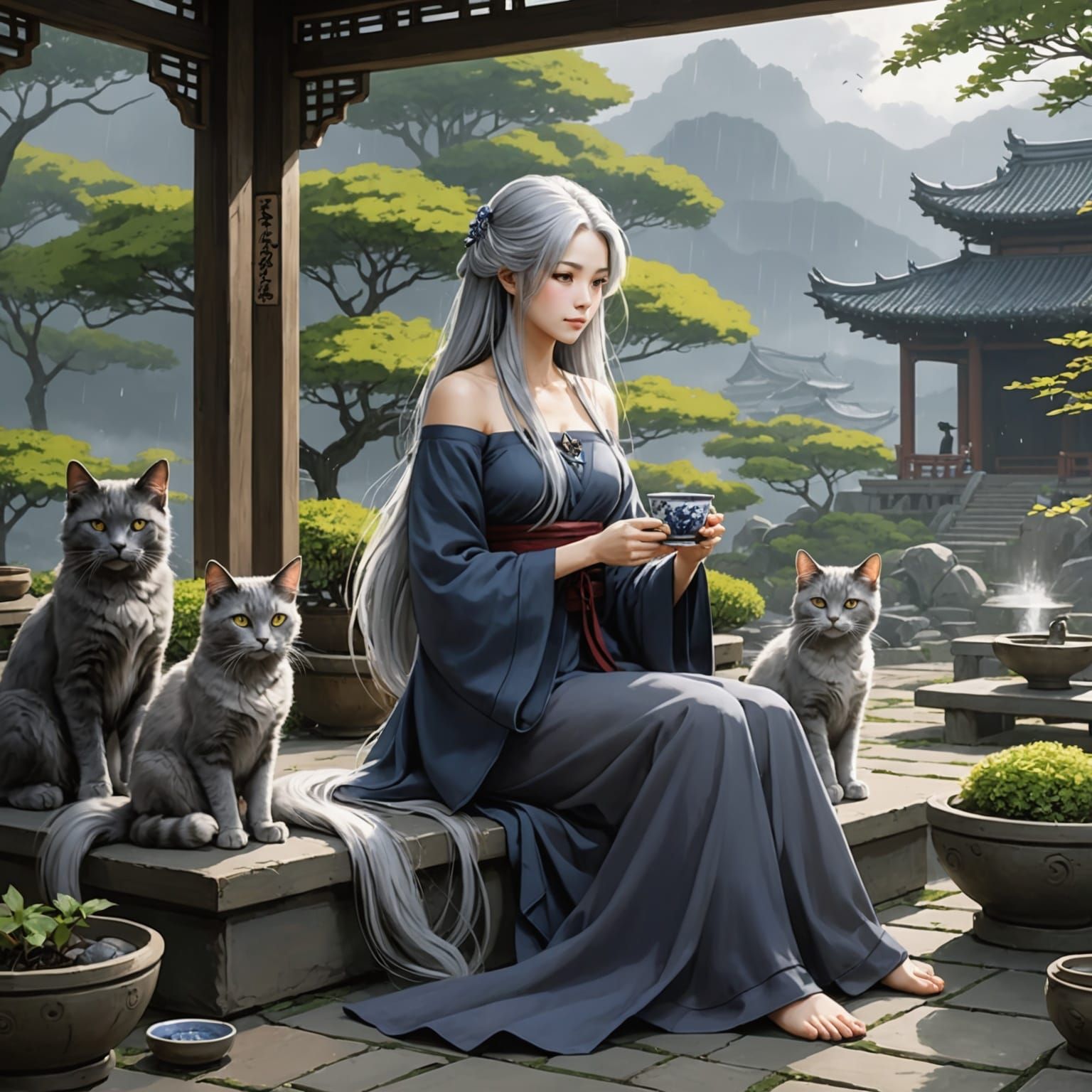 Woman in Zen Garden with Cats: Anime Style
