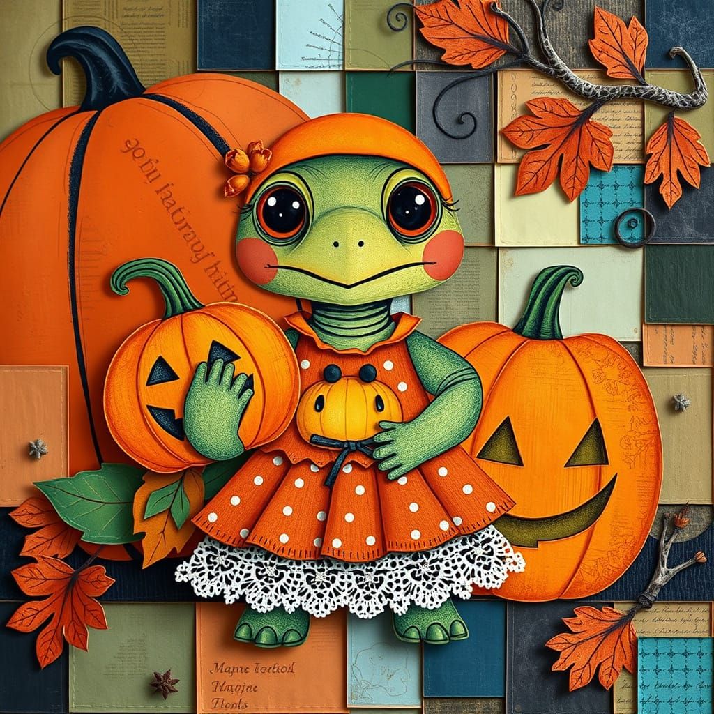 Cute Halloween Turtle in Polka Dot Dress Holding Jack o Lant...
