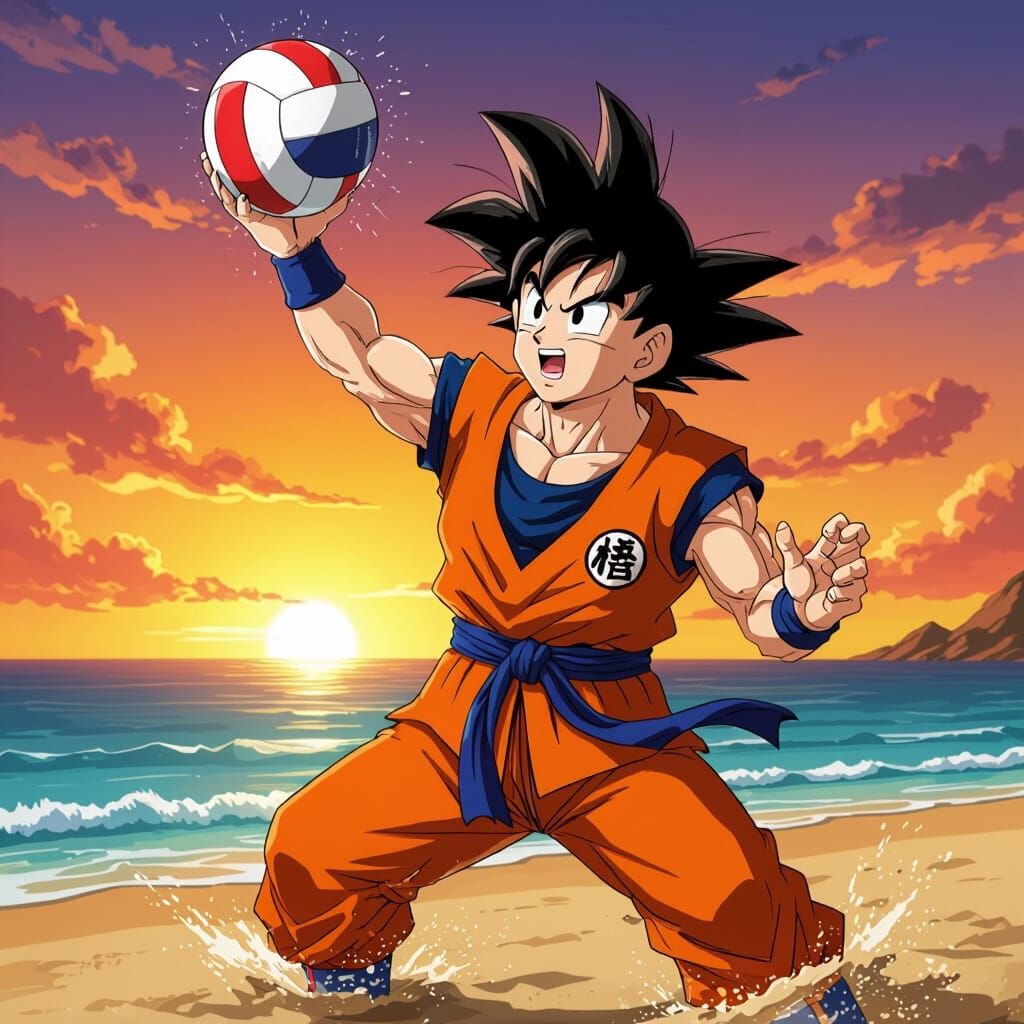 Goku Spiking Volleyball on Sunset Beach: Anime Fusion