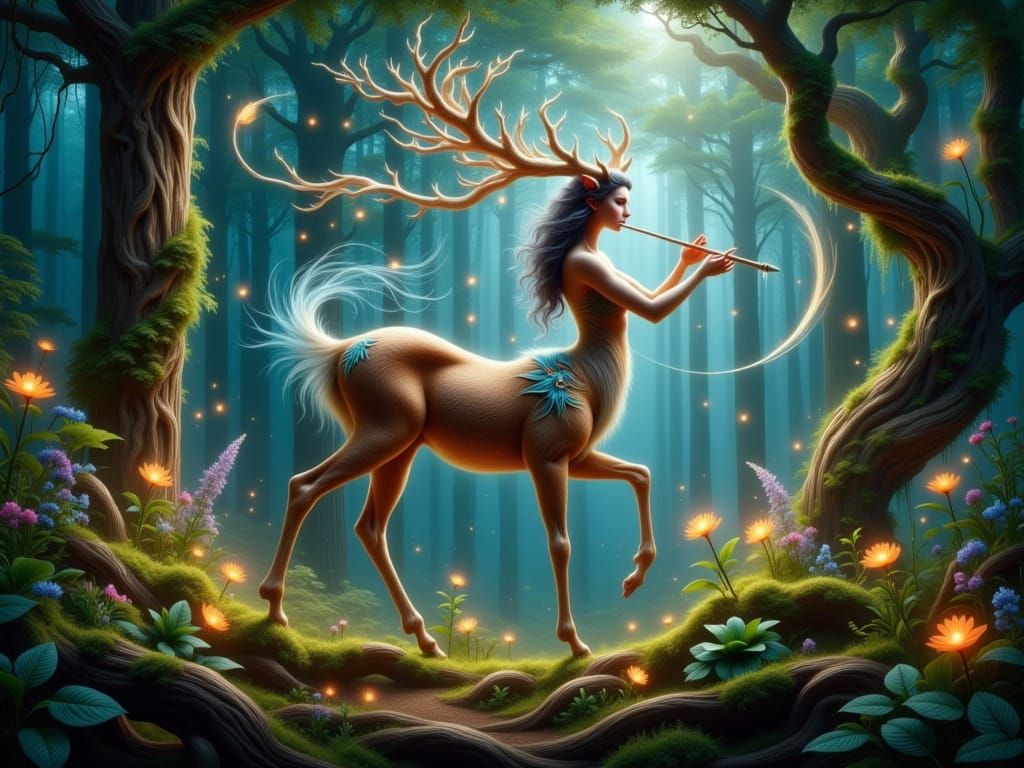 Hyper-Realistic Female Centaur Playing Flute in Enchanted Fo...