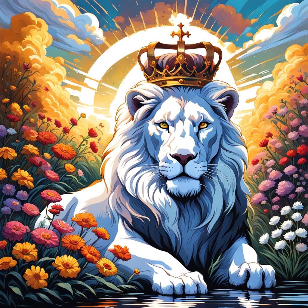 Majestic White Lion with Crown in Gothic Field
