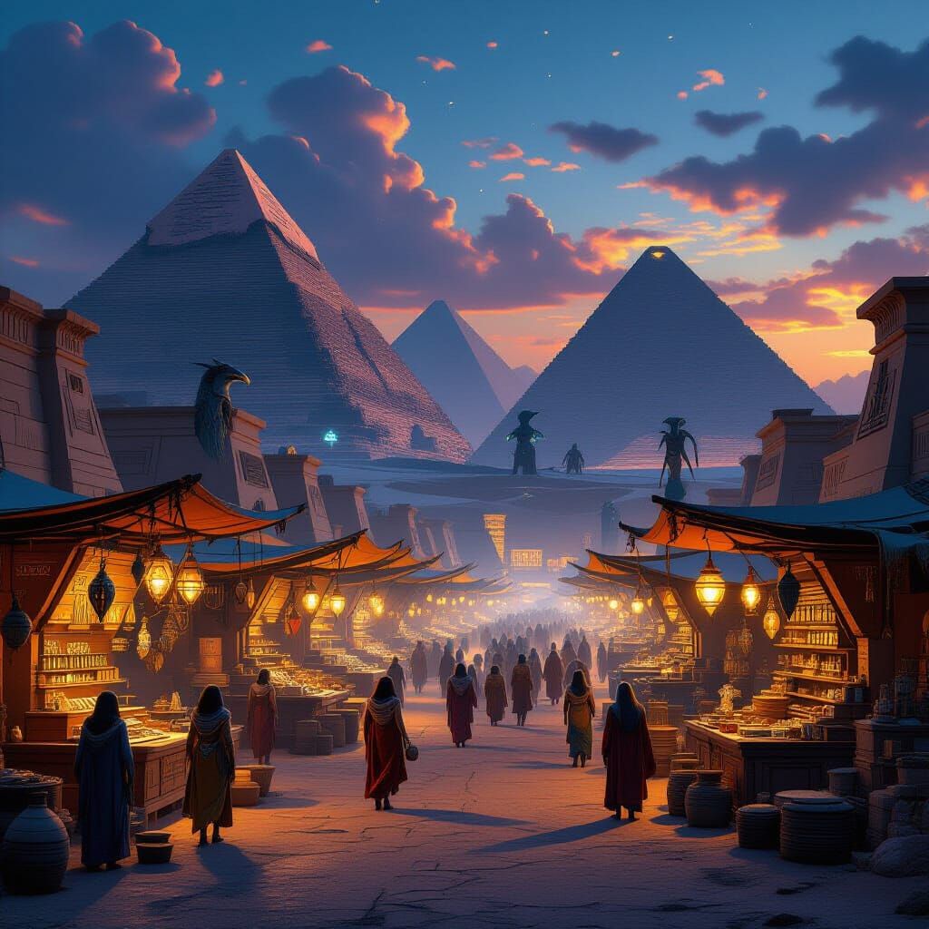 Egyptian Marketplace at Dawn with Mythical Creatures and Sci...