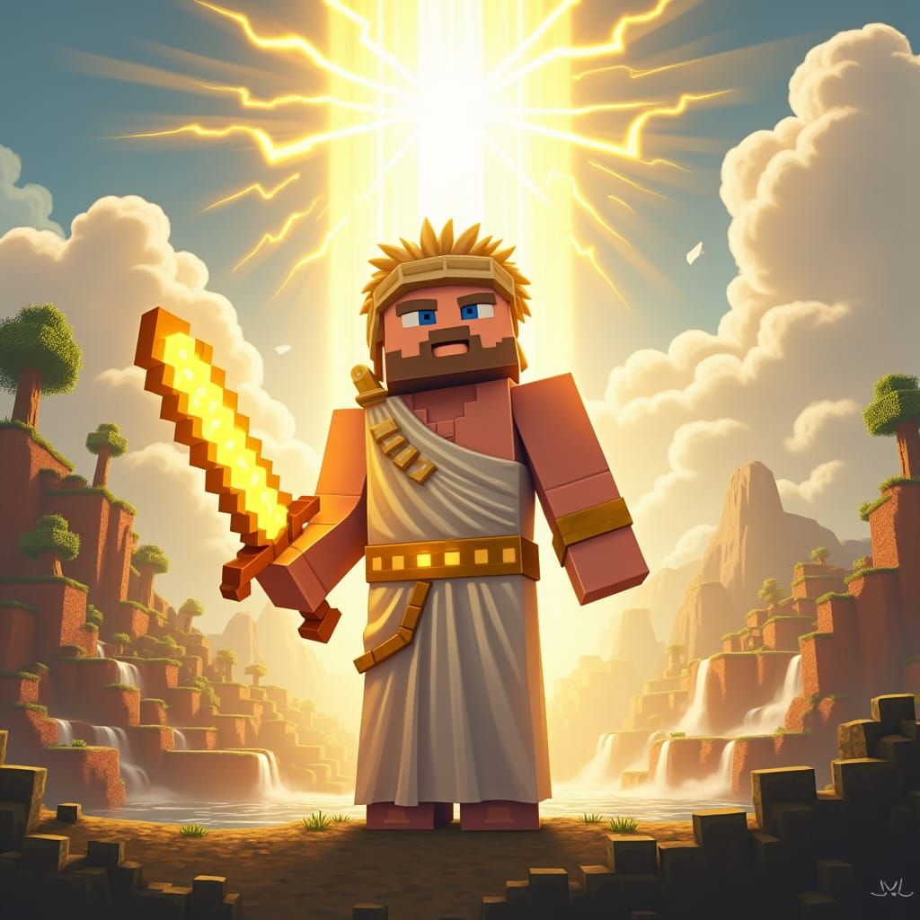 Minecraft Zeus Wields Lightning Sword in Divine Landscape