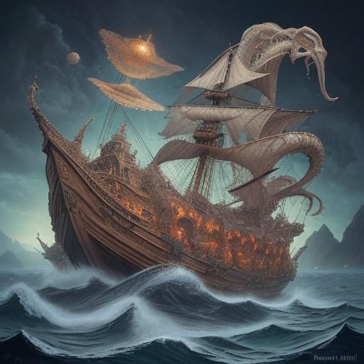 Nebula Sea Monsters in Surrealist Style
