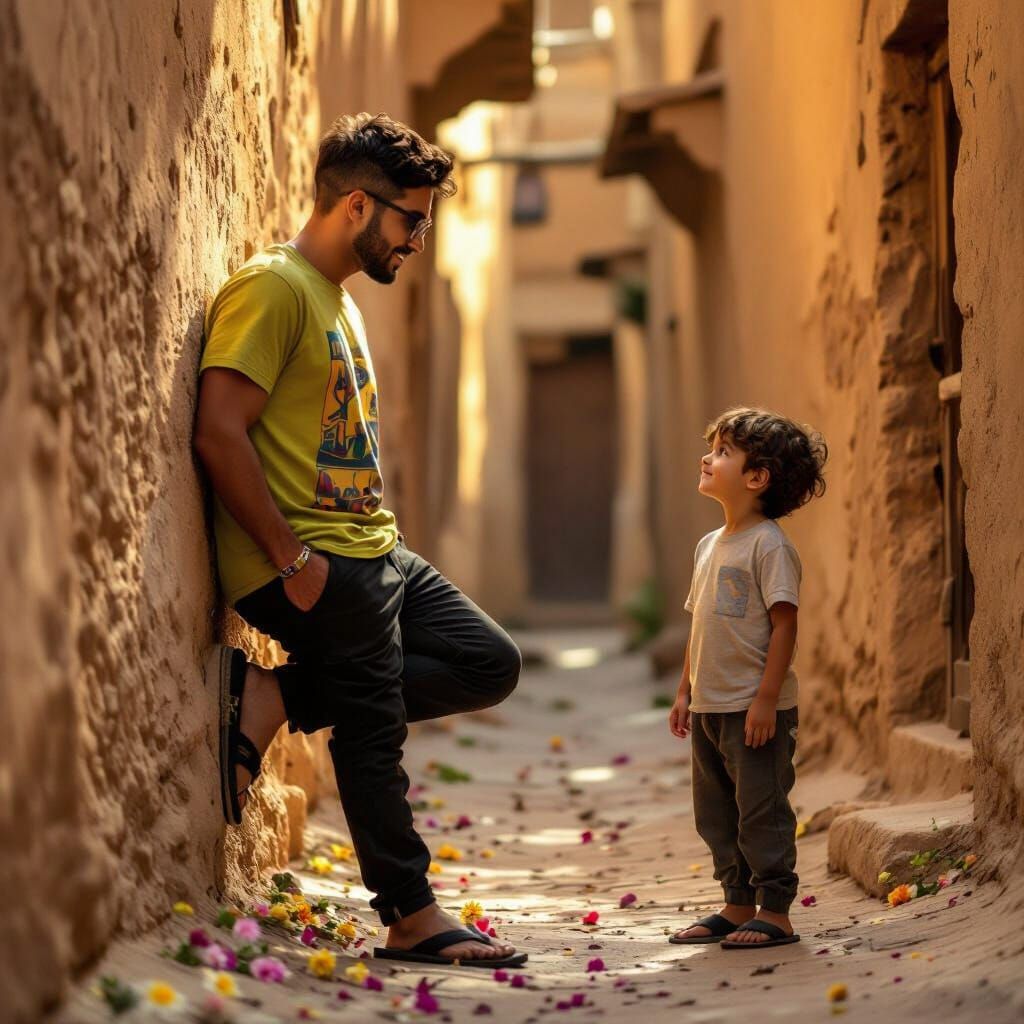 Man Meets Childhood Self in Golden Hour Egyptian Alley