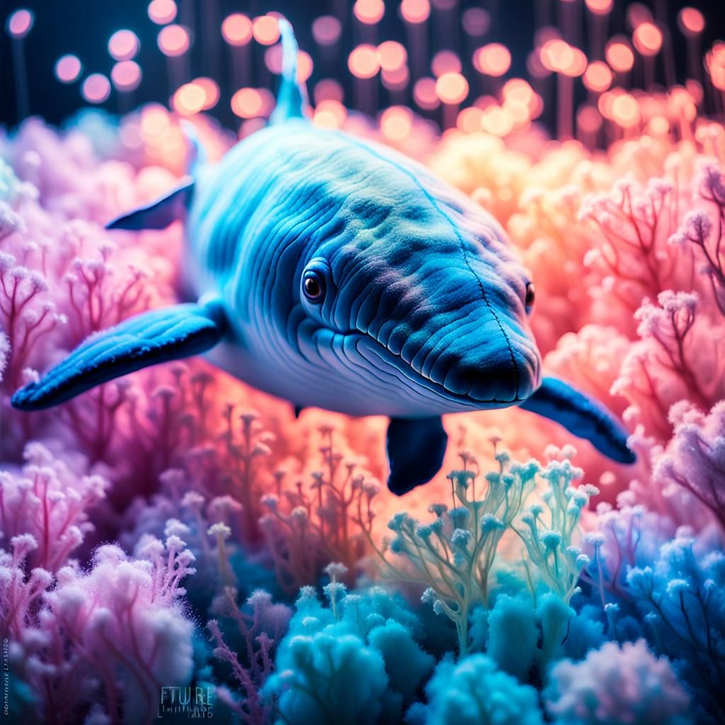 Luminous Whale in Cotton Wool Sea: Digital Art