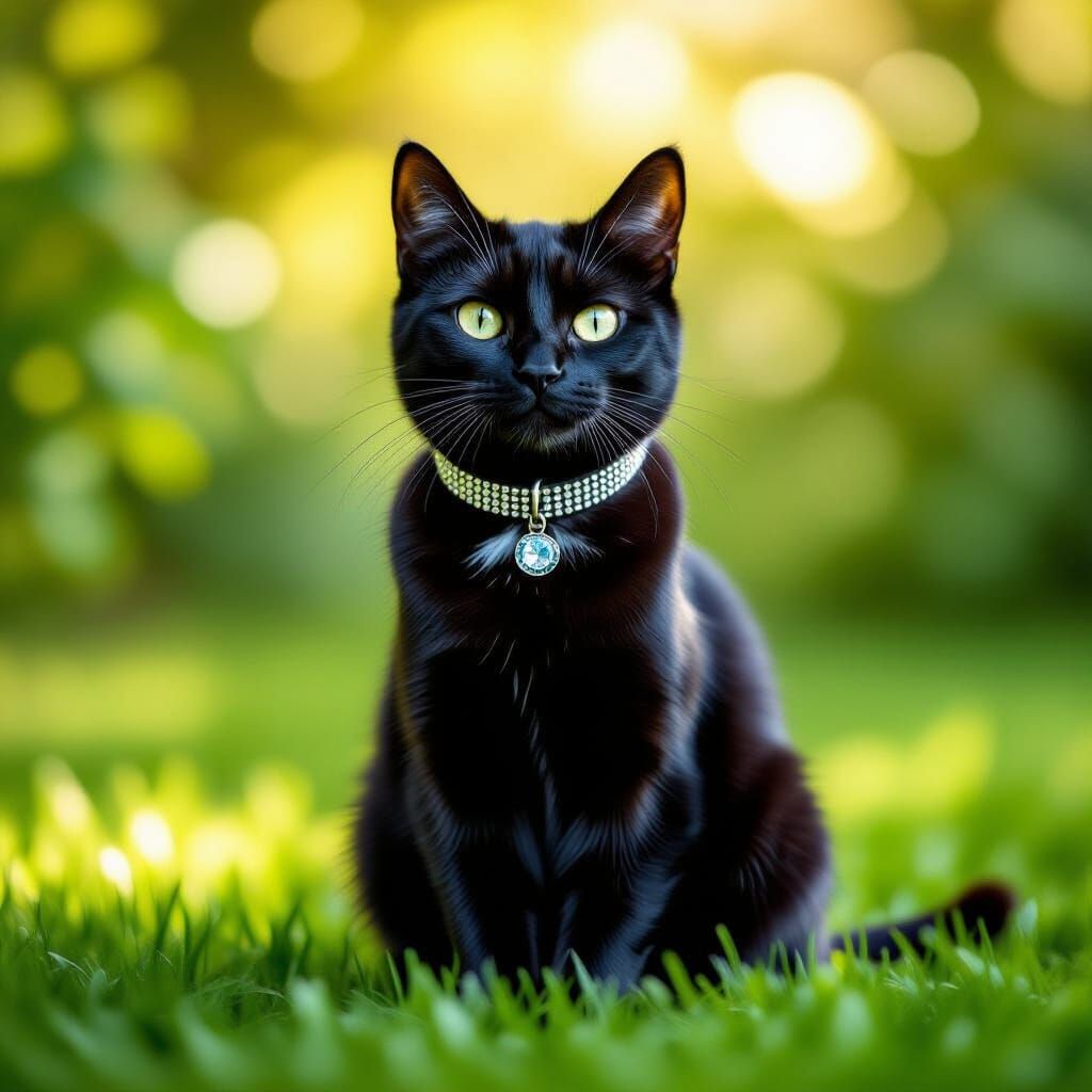 Black Cat in Garden, Professional Photography with Bokeh