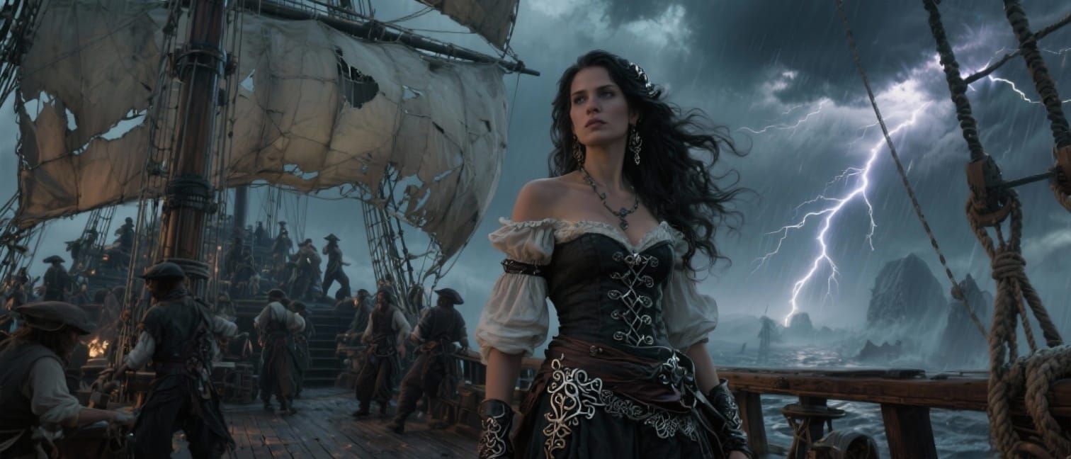 Stoic Pirate Captain in Fierce Storm - Cinematic Film Still