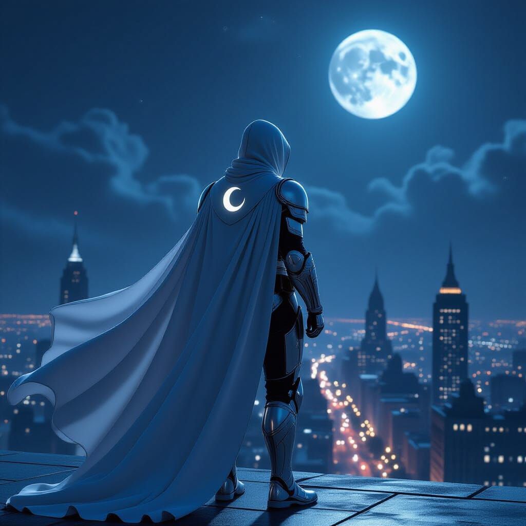 Moonlit Rooftop Vigil: Armored Hero Over Cityscape