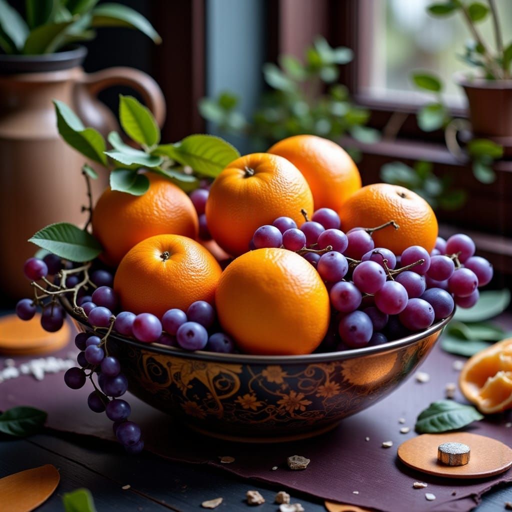 Epic Purple and Orange Fruits in a Dramatic Cinematic Scene
