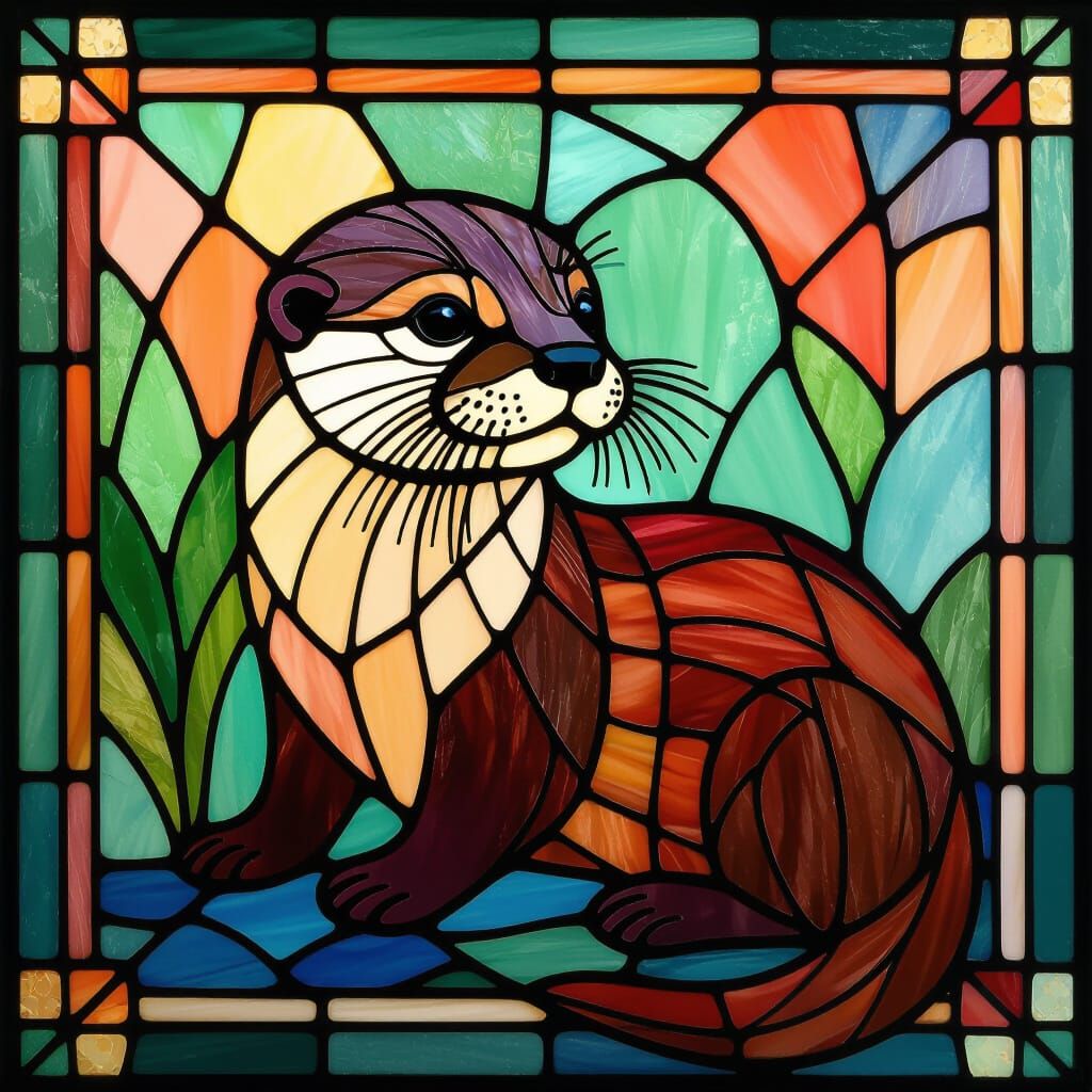 Baby Otter in Vibrant Stained Glass Art
