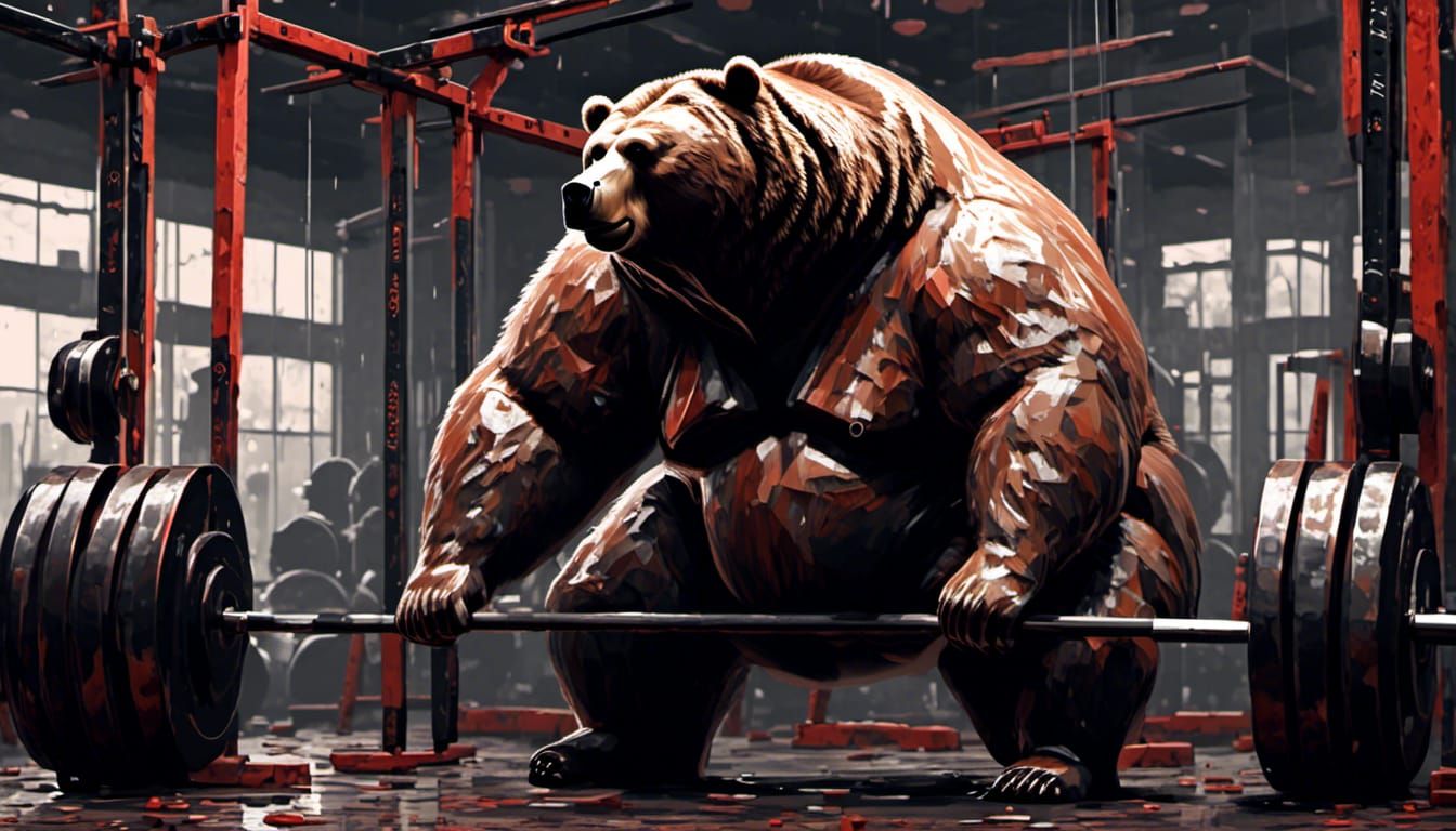 Obese Bear Powerlifter Lifts Weights in Gym