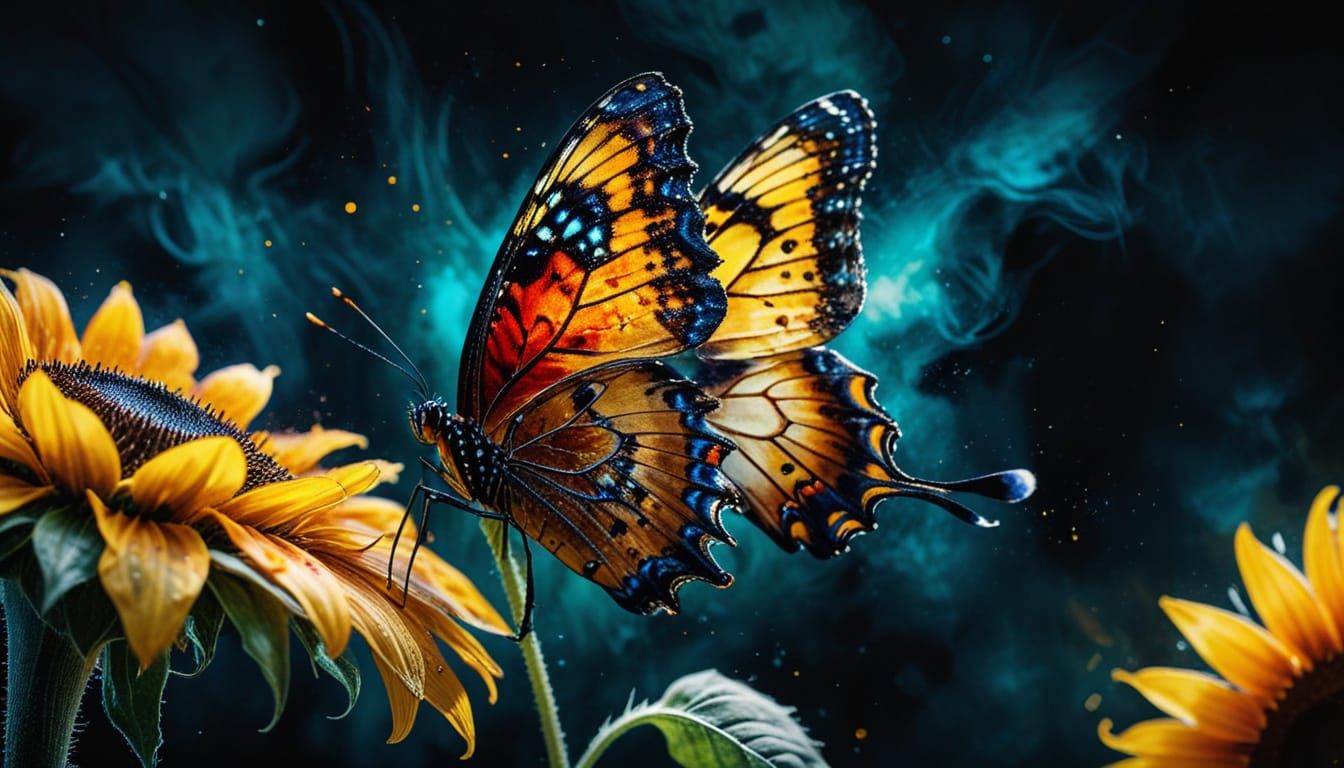 Lion-Butterfly Hybrid on Sunflower in Alcohol Ink Style