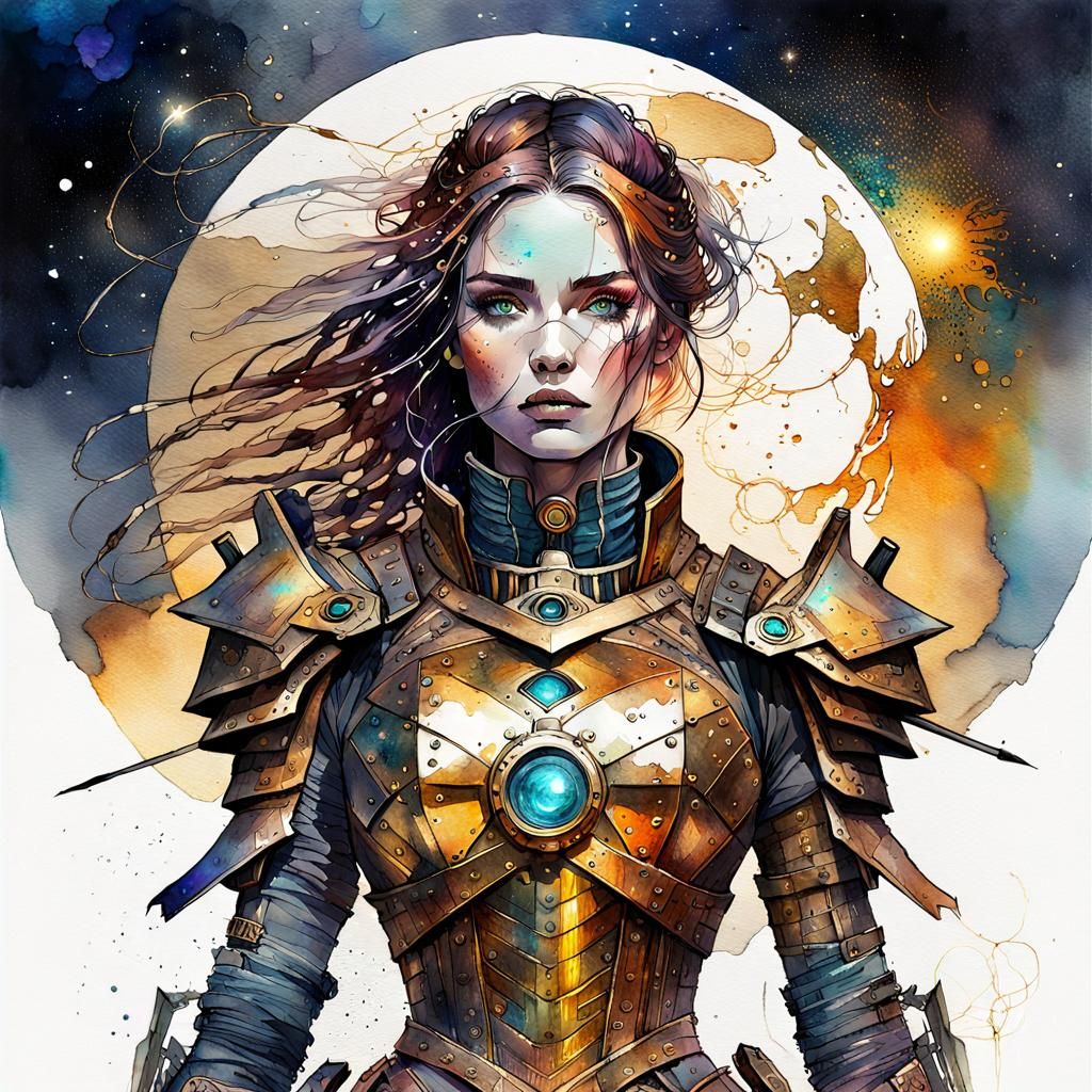 Steampunk Warrior Woman in Watercolor Art Style