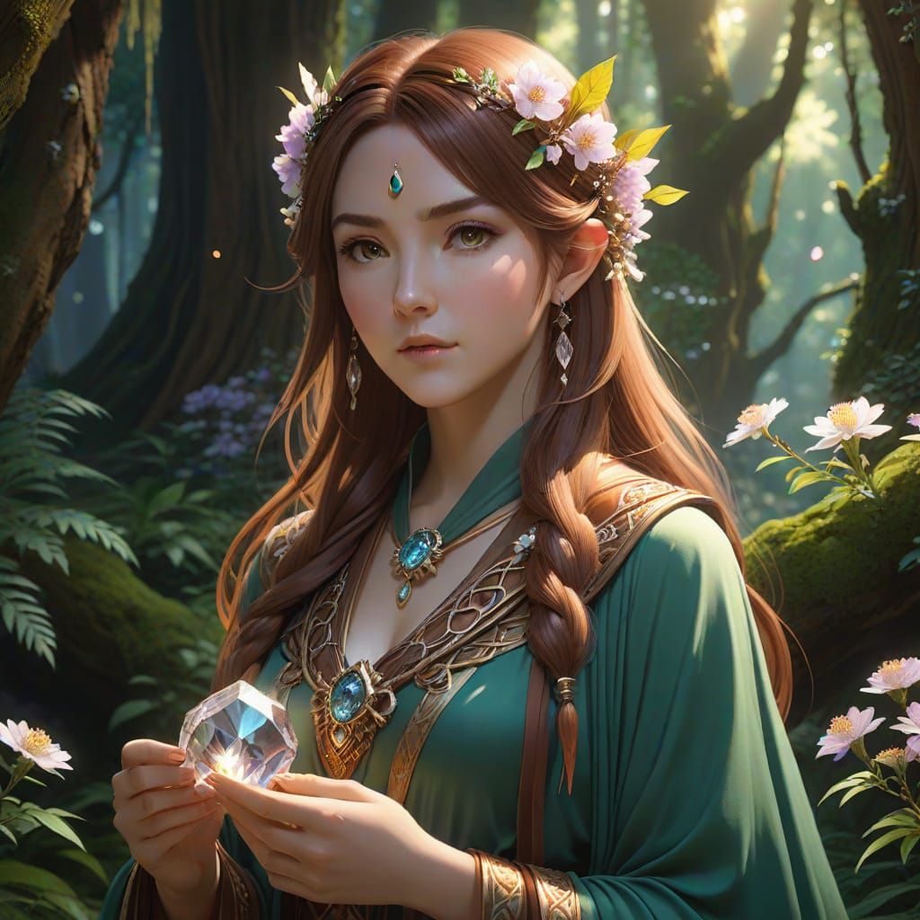 Female Druid with Crystal in Anime Style
