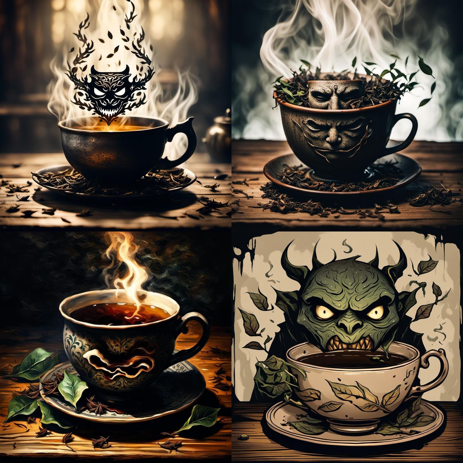 Menacing Face Forms in Teacup in Dark Magical Scene