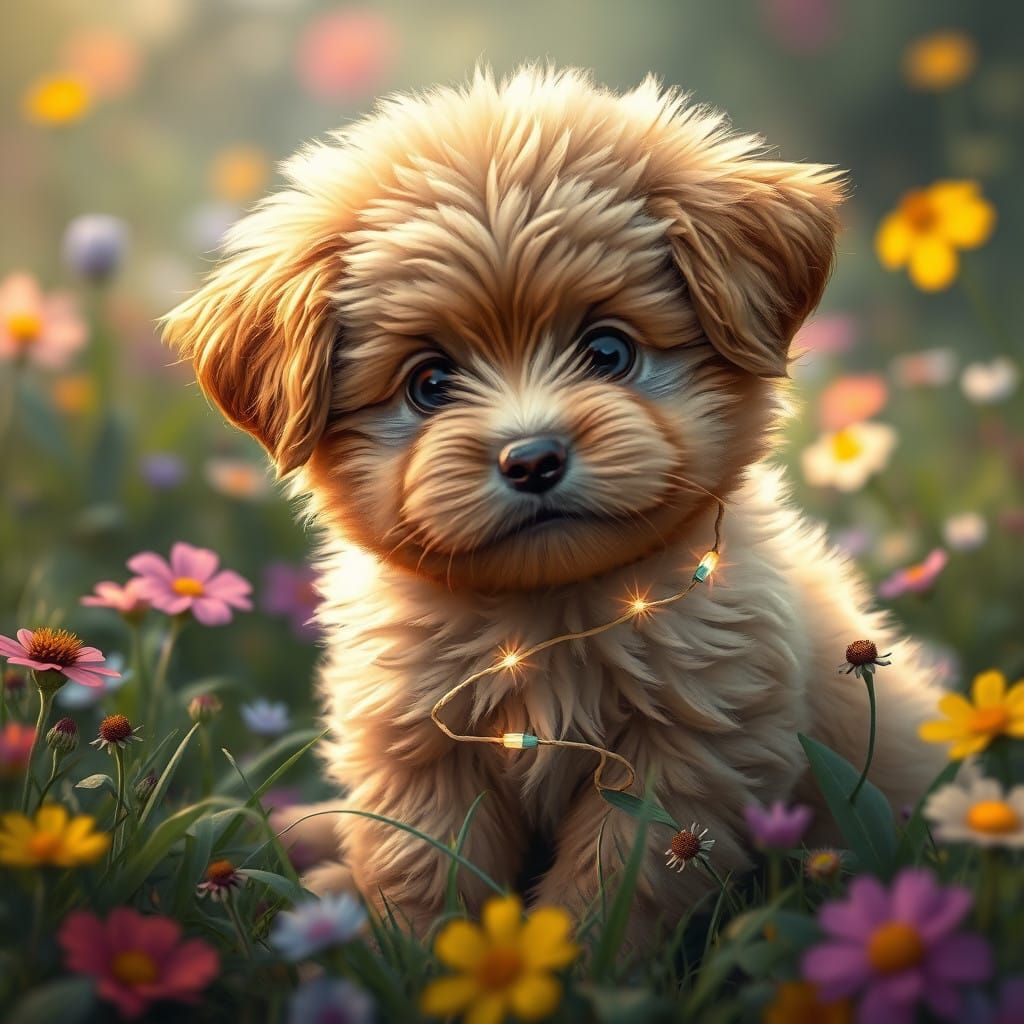 Surreal Brown Fluffy Puppy in Vibrant Dreamy Meadow Scene