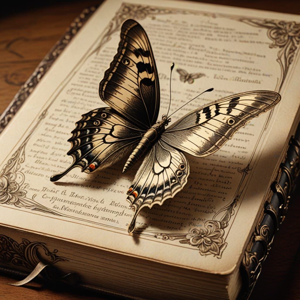 Elegant Butterfly on Leather-Bound Book, in a Victorian Pen ...