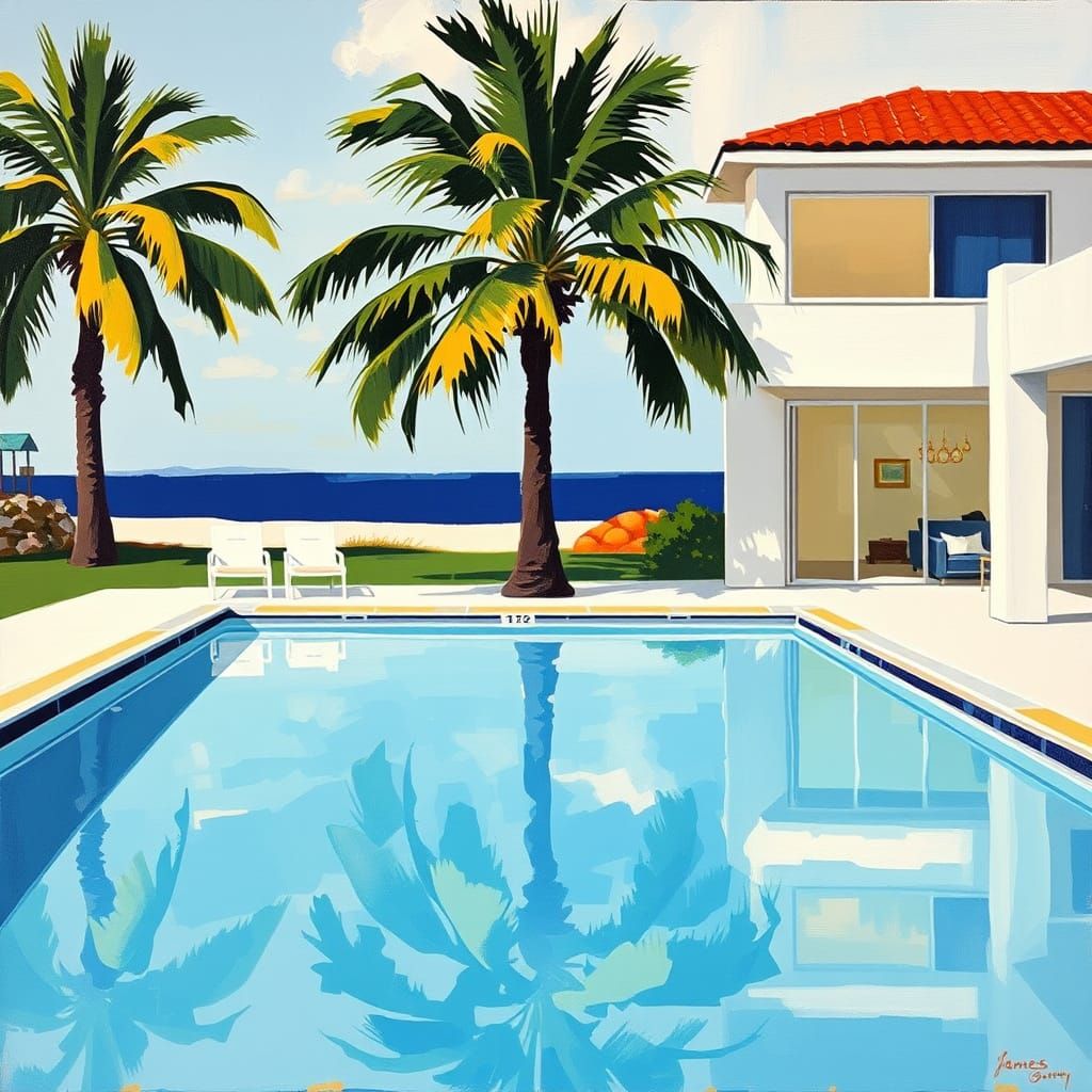 Abstract Minimalist Art of a Reading Woman by the Pool