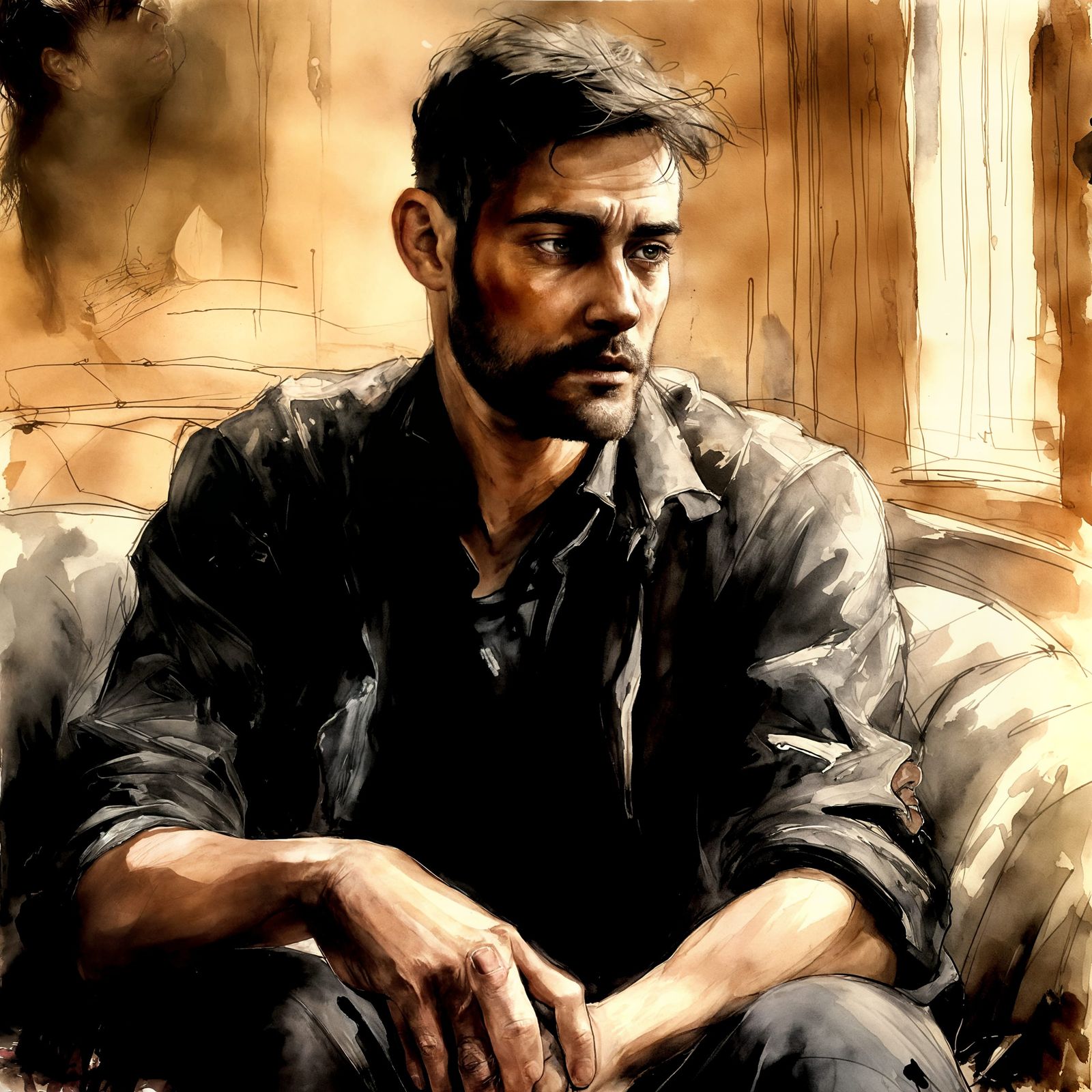 Intense Emotional Portrait in Watercolor Ink Wash Style