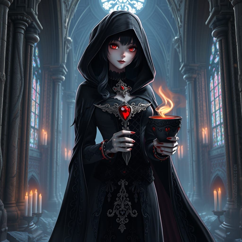 Gothic Vampire Maiden in a Ruined Cathedral