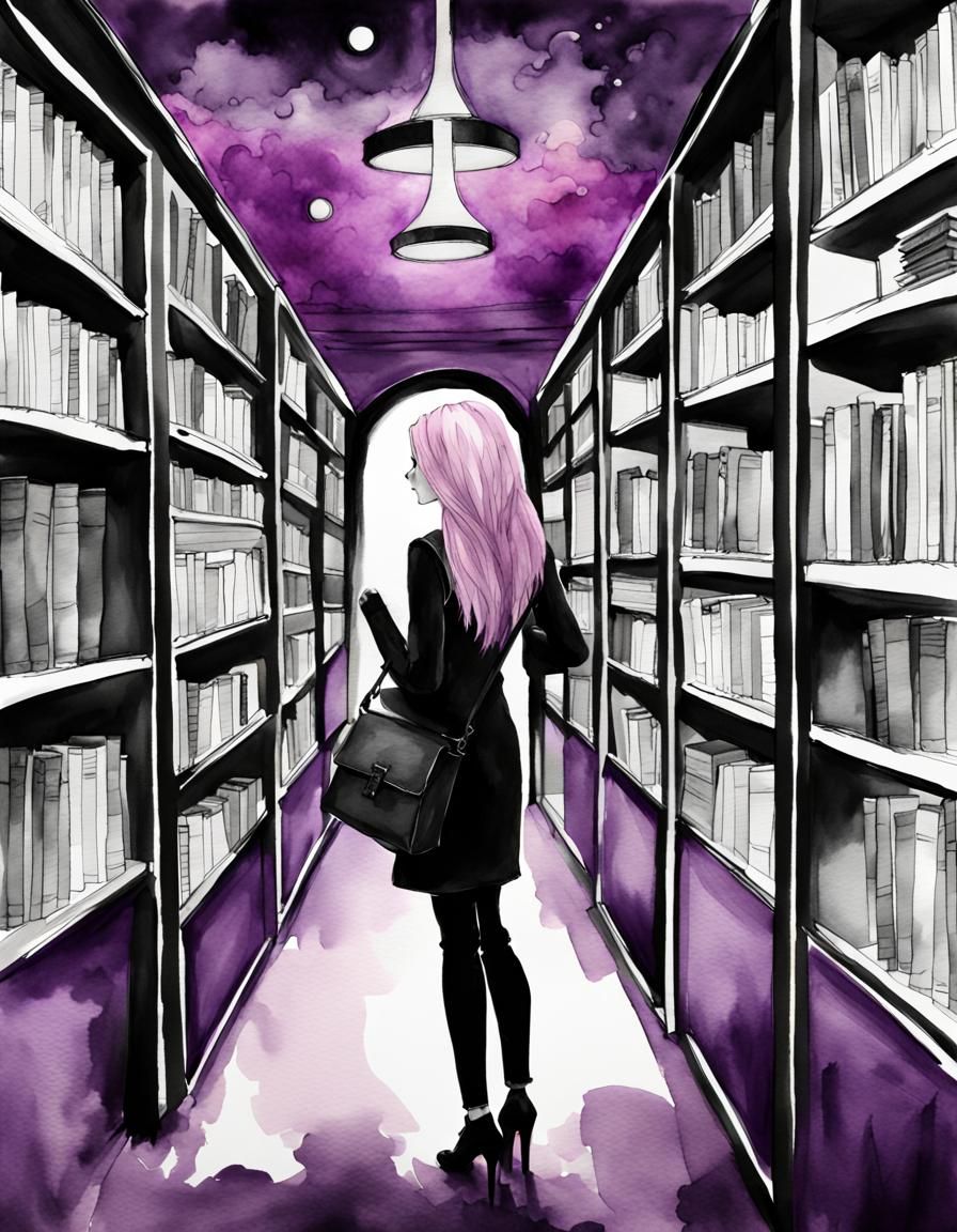 Watercolor Woman in Violet in Monochrome Library
