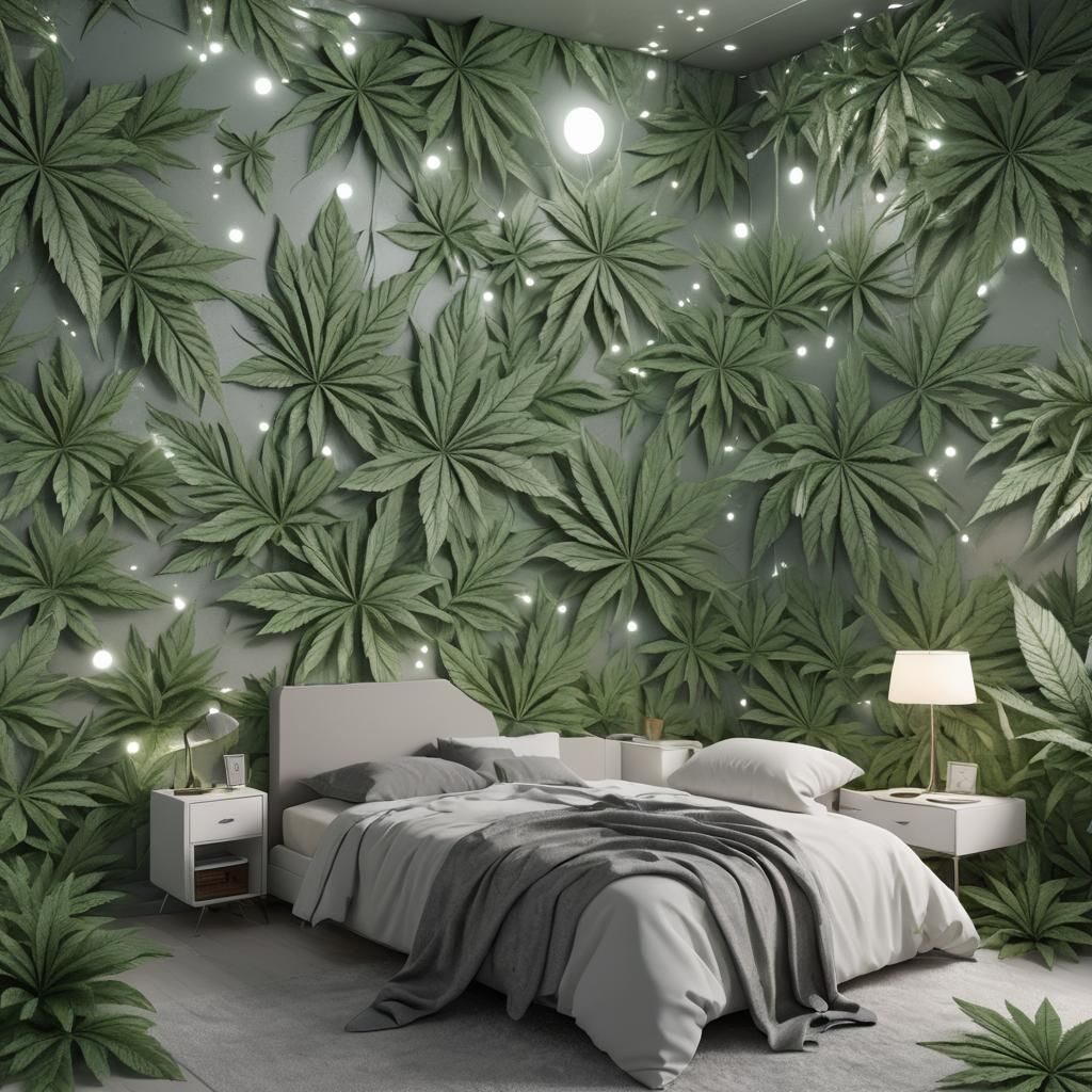 Futuristic Ganja Leaf Bedroom in Photorealism Style