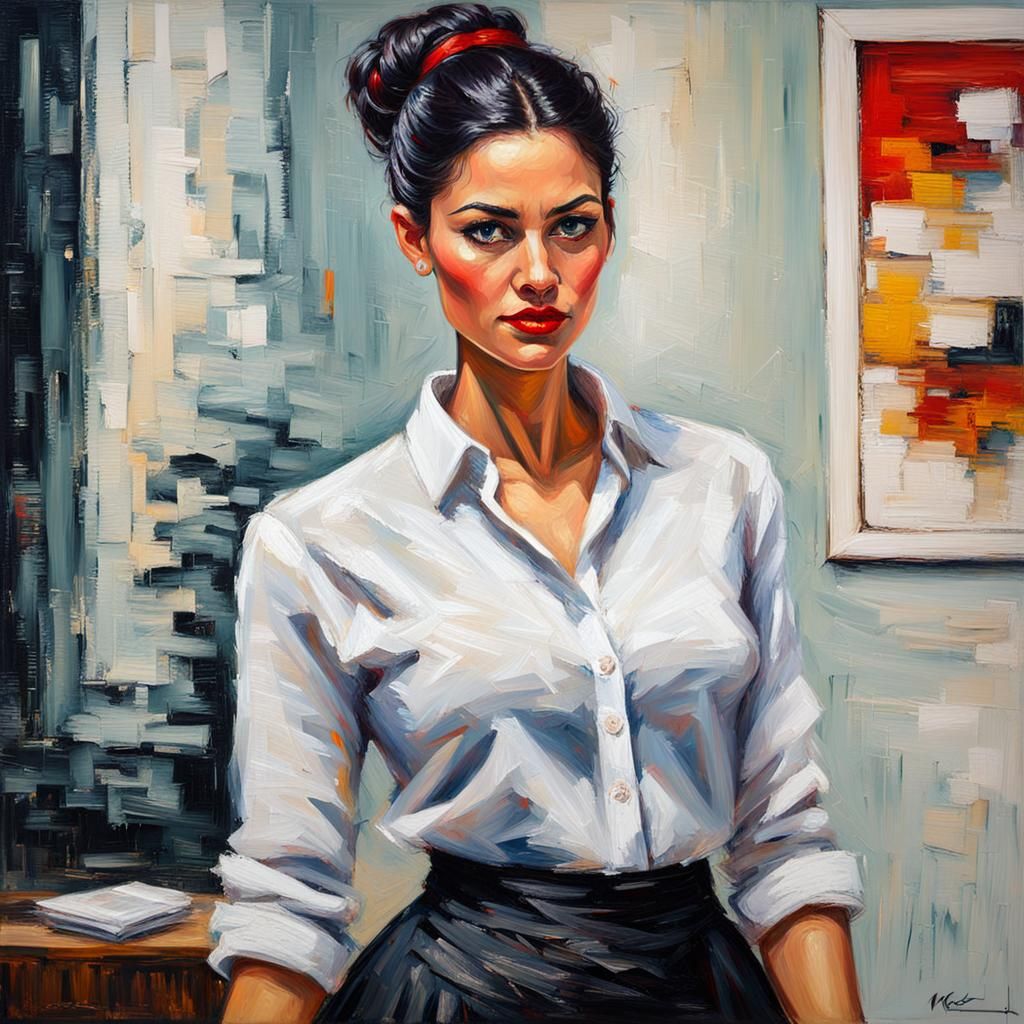 Flirting Woman in Office: Expressionist Oil Painting