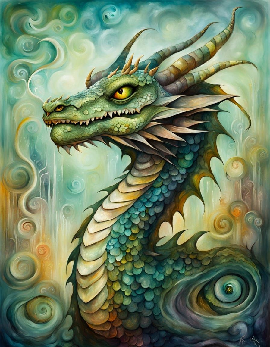 Whimsical Dragon with Elongated Forms in a Dreamlike Landsca...