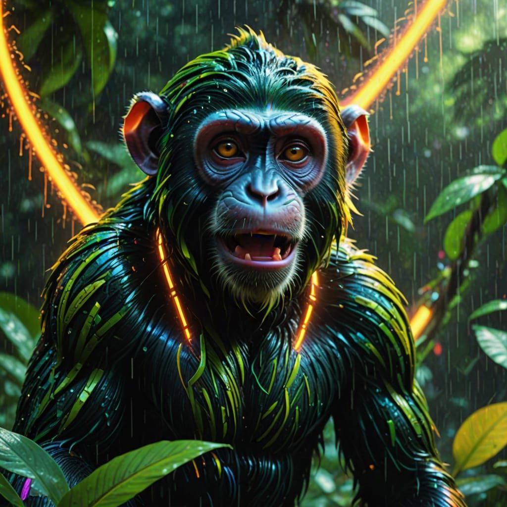 Techno Rainbow Monkey Swings Through Neon Jungle in the Rain