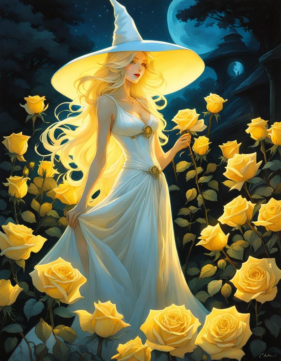 Enchanting Blonde Witch in Yellow Rose Garden