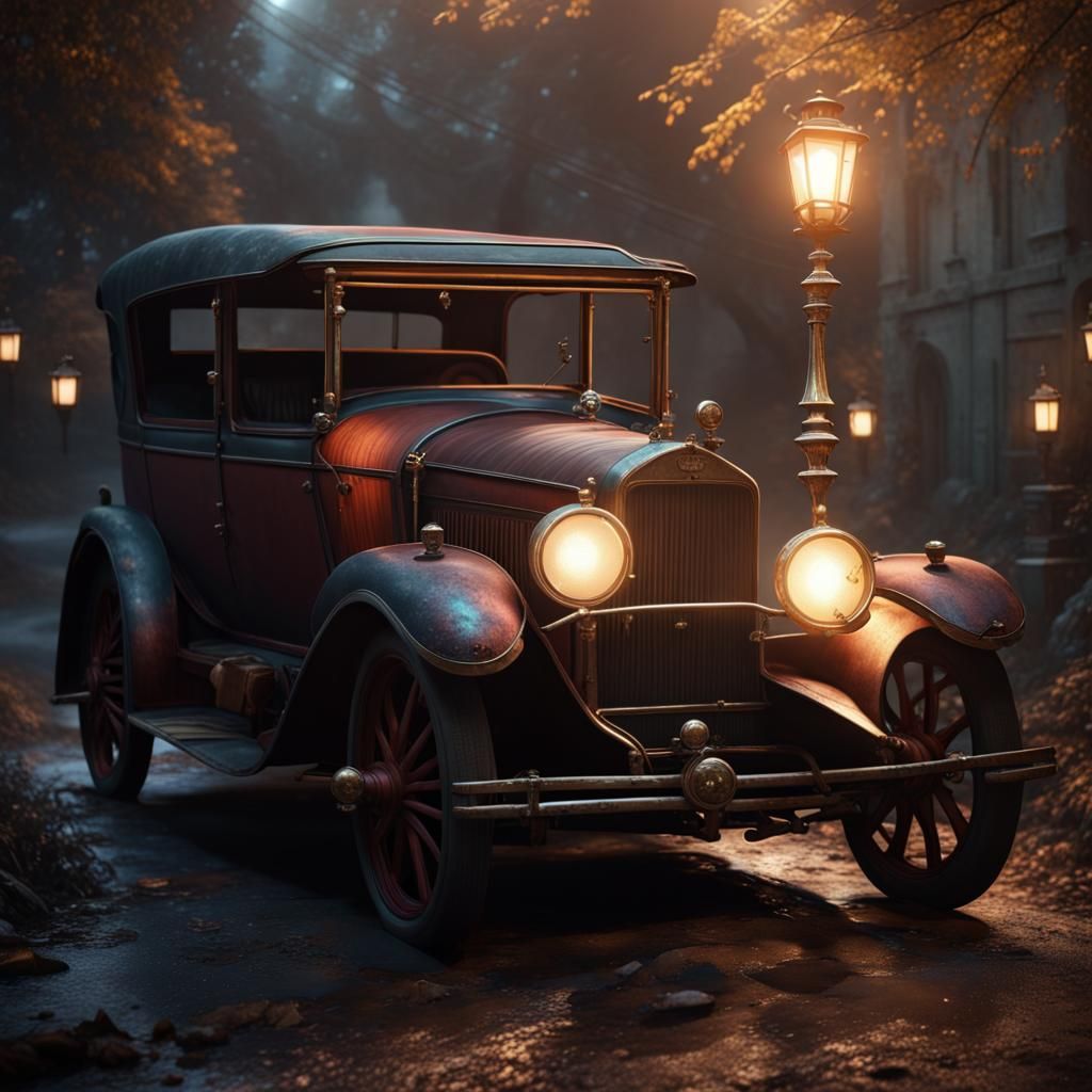 Old Car with Lantern Headlights: Fantasy Concept Art