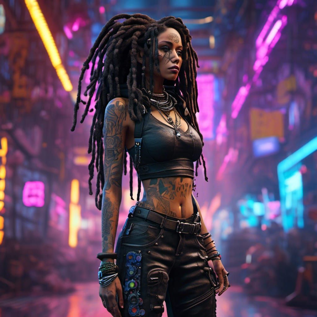 Cyberpunk Tattooed Woman with Dreadlocks in Gothic Outfit