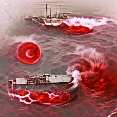 Battleship Sinking in a Blood Storm Whirlpool