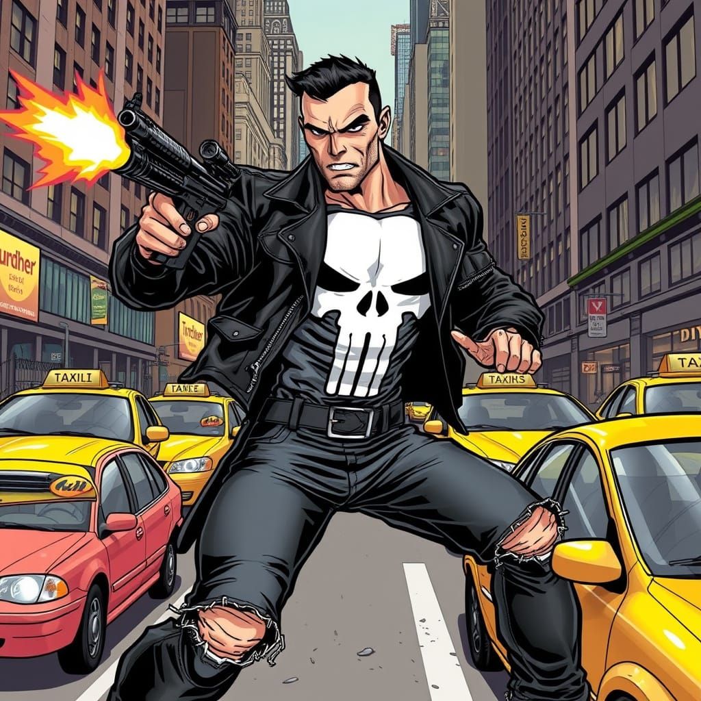 Punisher Fires Machine Gun in NYC, Cartoon Style