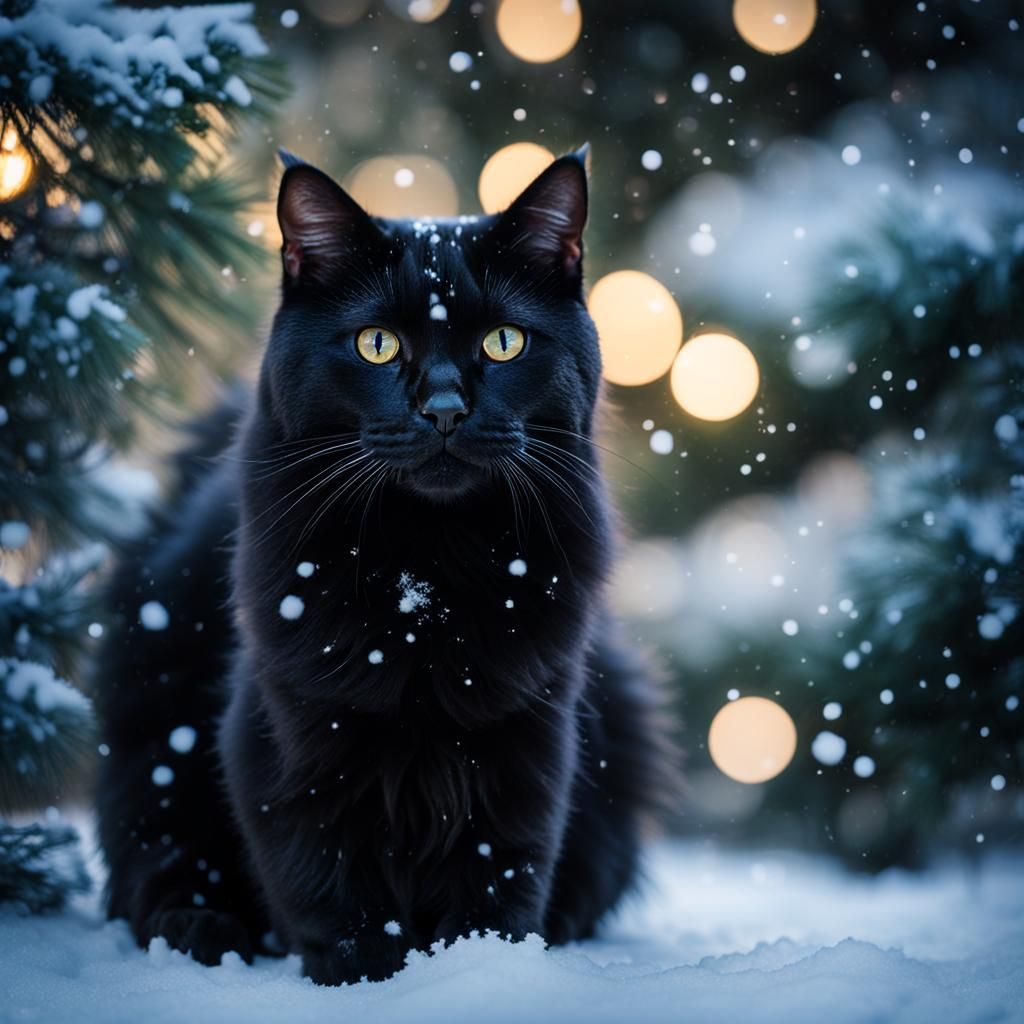 Black Cat in Winter Wonderland Photography