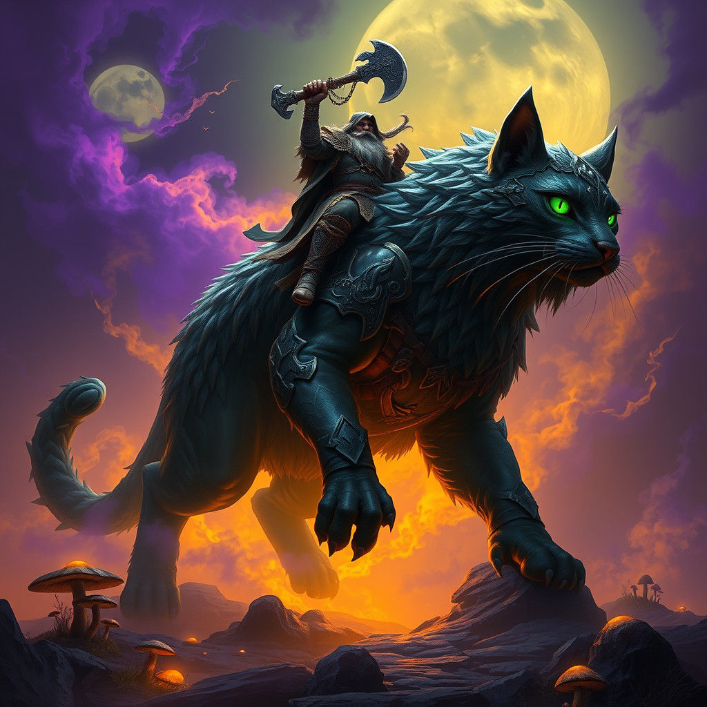 Giant Battle Cat and Dwarf Rider in Dark Fantasy Realm