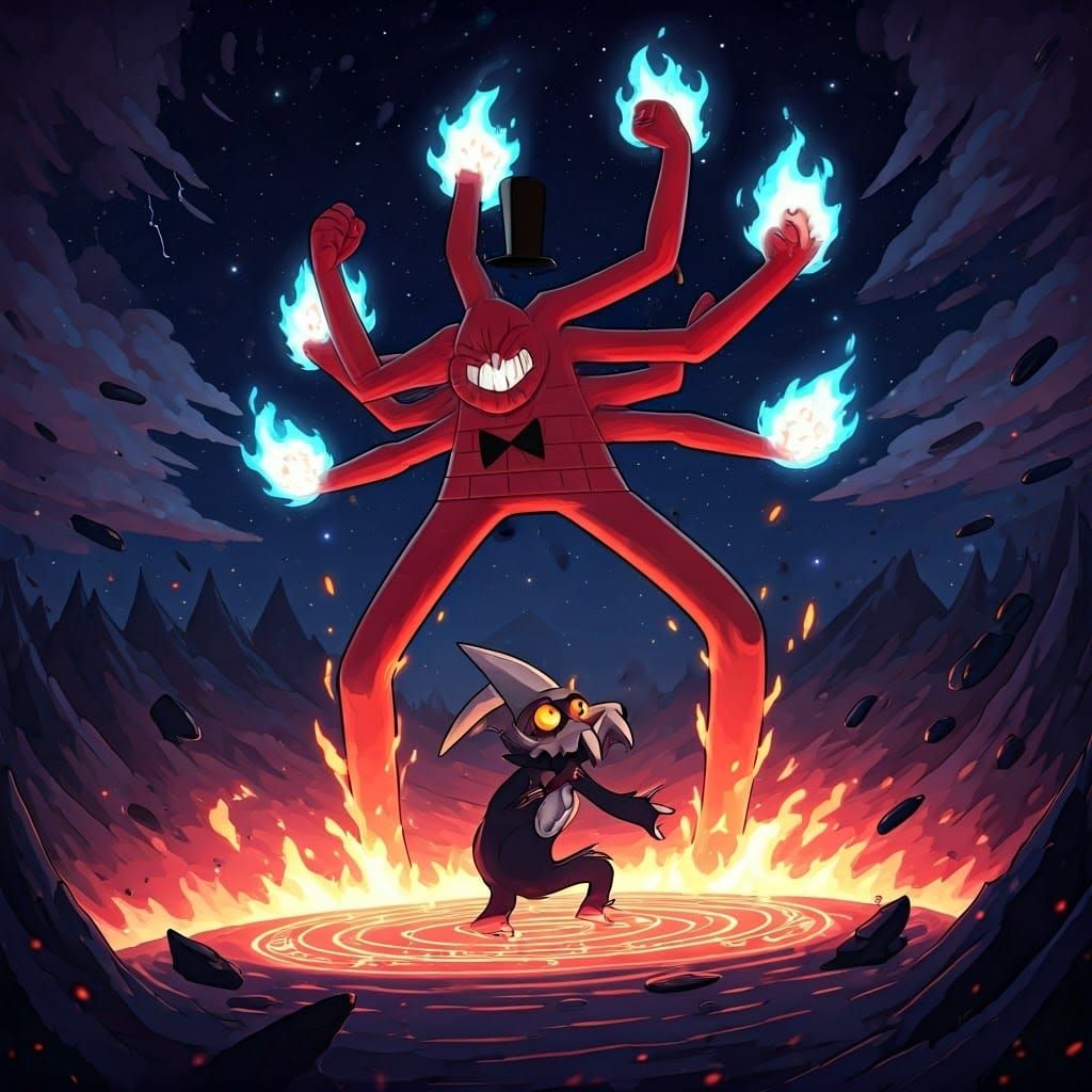 Colossal Bill Cipher Battles Titan King in Dark Landscape