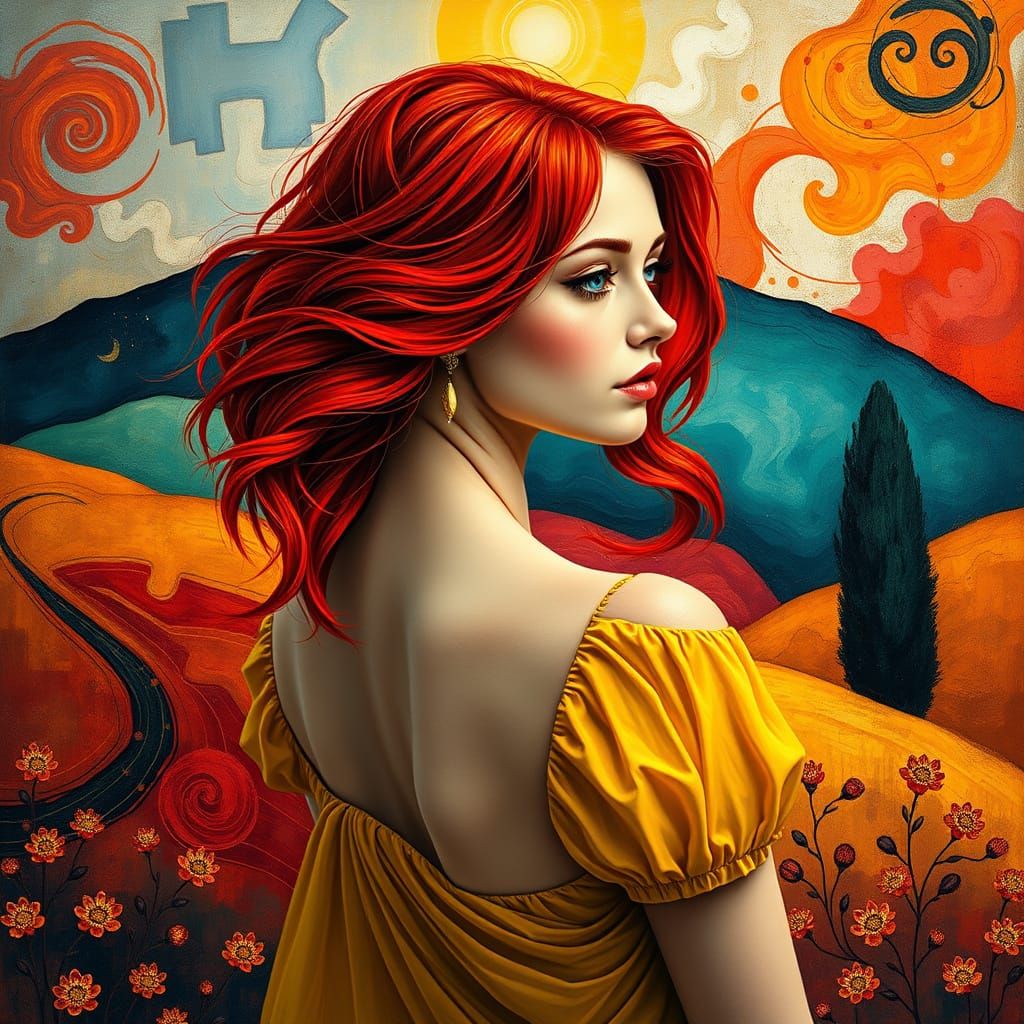 Redhead Woman in Yellow Dress in Abstract Landscape