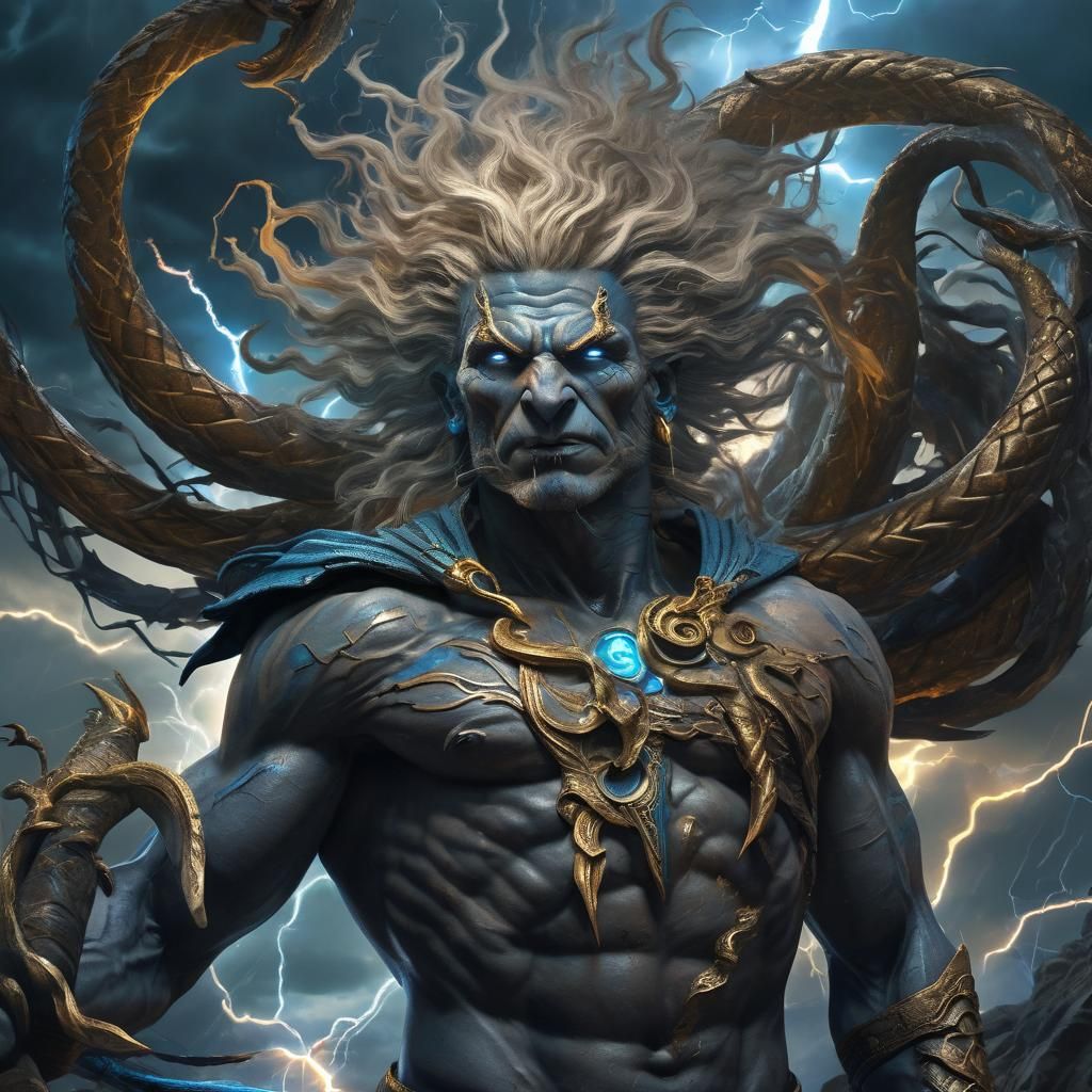 Epic Fantasy Figure with Trident in Storm