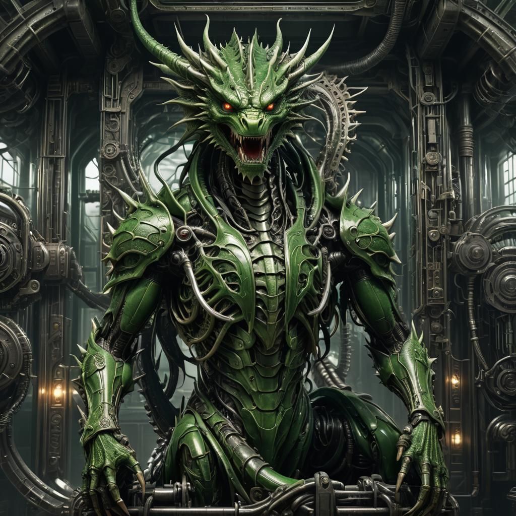 Biomechanical Green Dragon in HR Giger Style