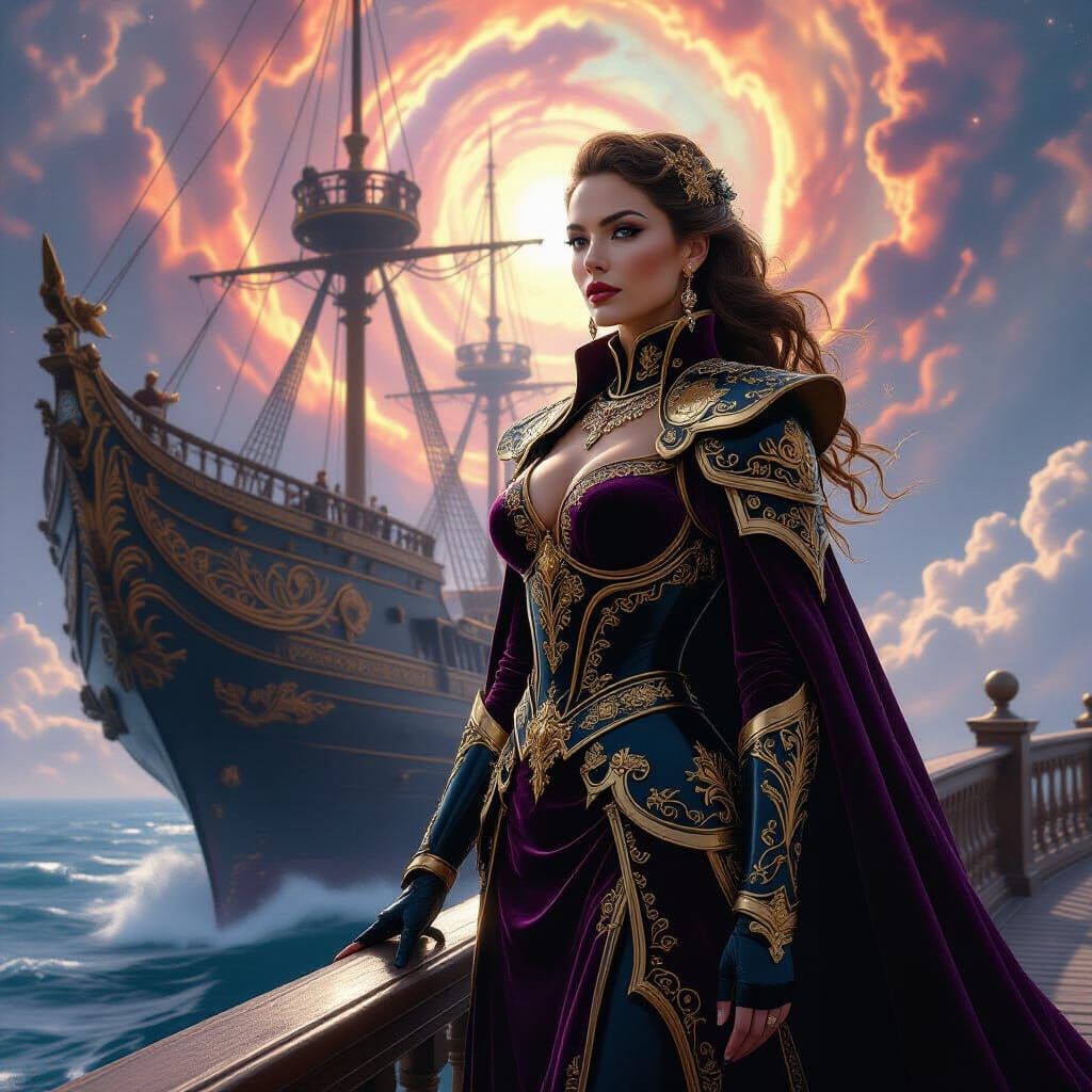 Regal Woman in Futuristic Armor on Galleon Before Nebula