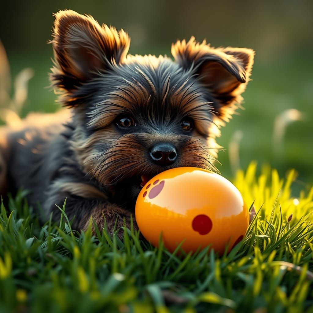 Realistic Yorkie Puppy with Easter Egg, Softly Lit in a Spri...