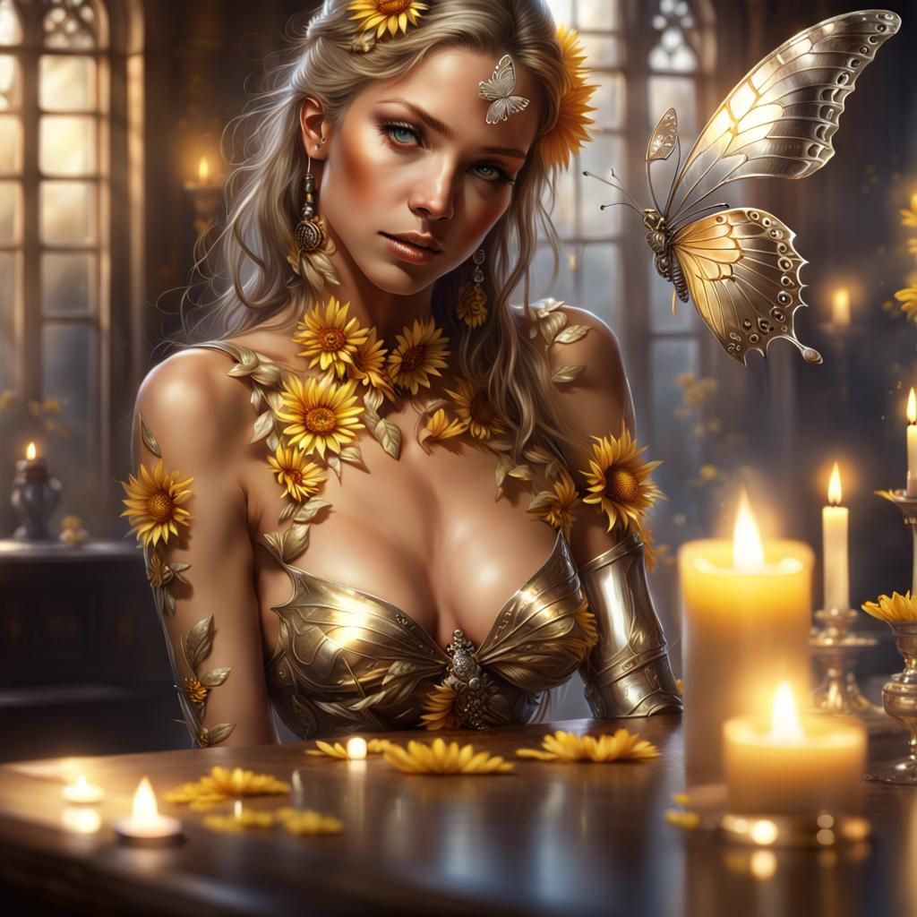 Golden Sunflower Girl with Diamonds and Candles