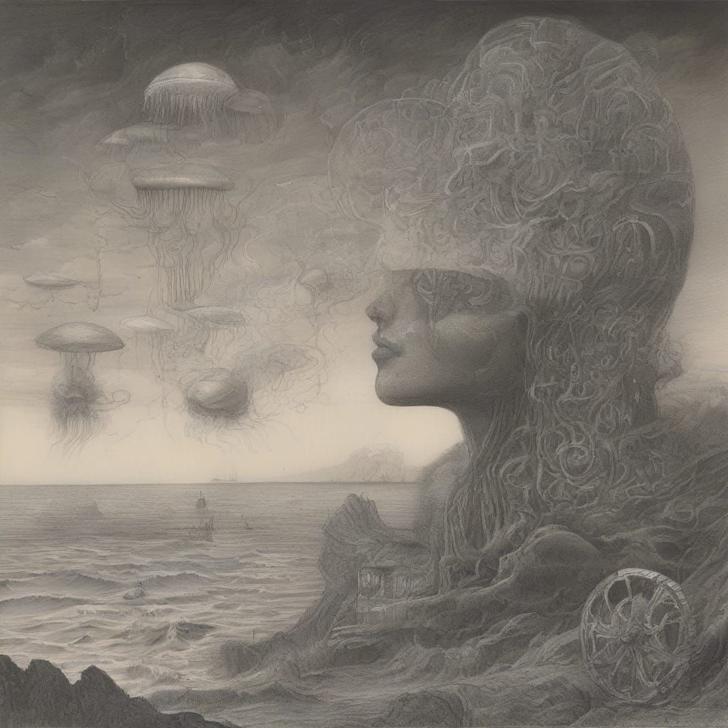 Ethereal Coastline Dreams in Ink Drawing