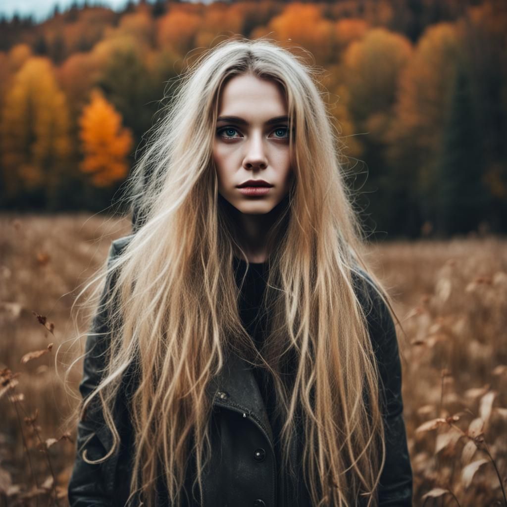 Lovecraftian Girl in Apocalyptic Autumn Countryside