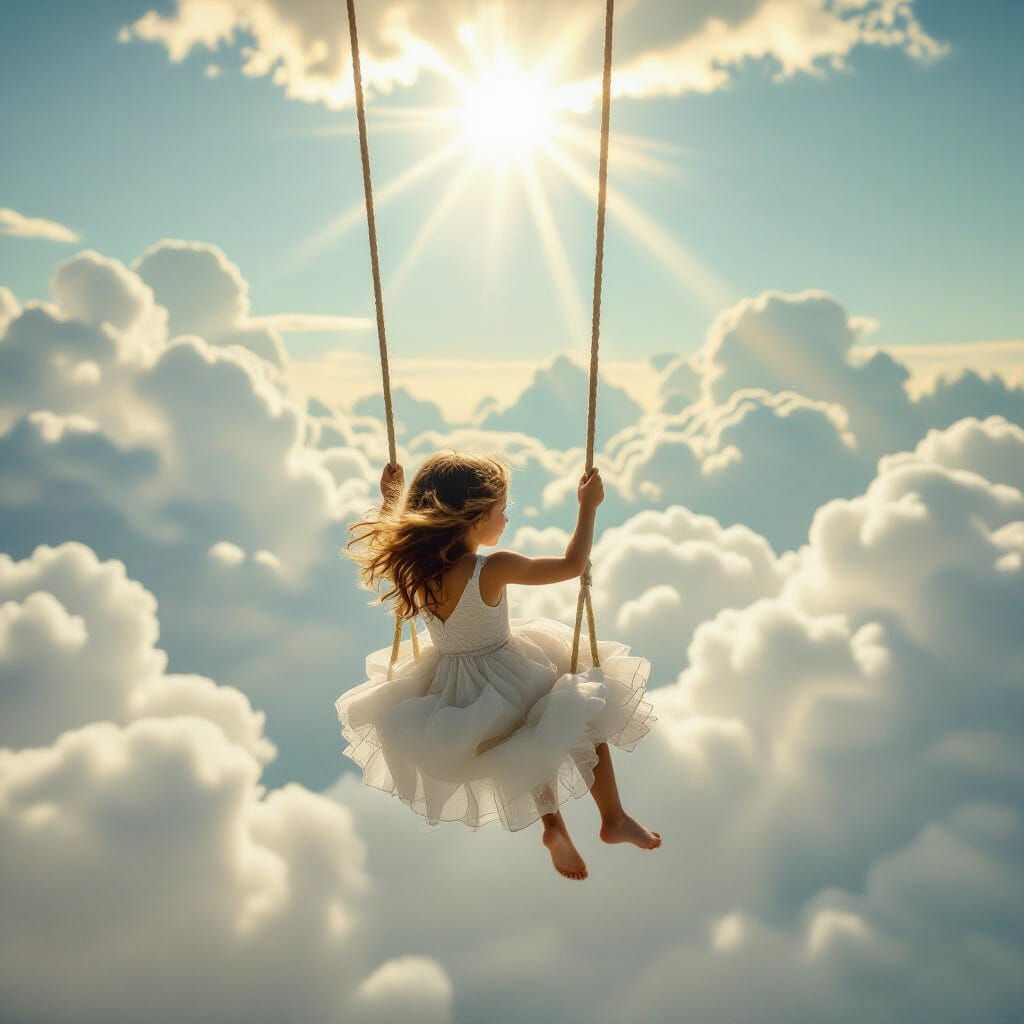 Girl on Cloud Swing: Surreal Soft-Focus Photo