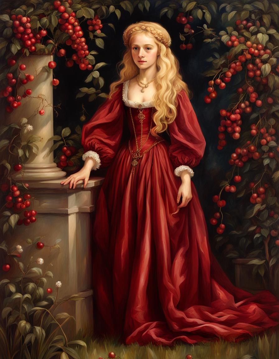 Renaissance Girl in Red Silk Dress Portrait