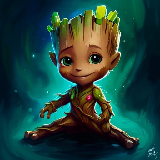 Adorable Chibi Groot in Polychromatic Splash Art